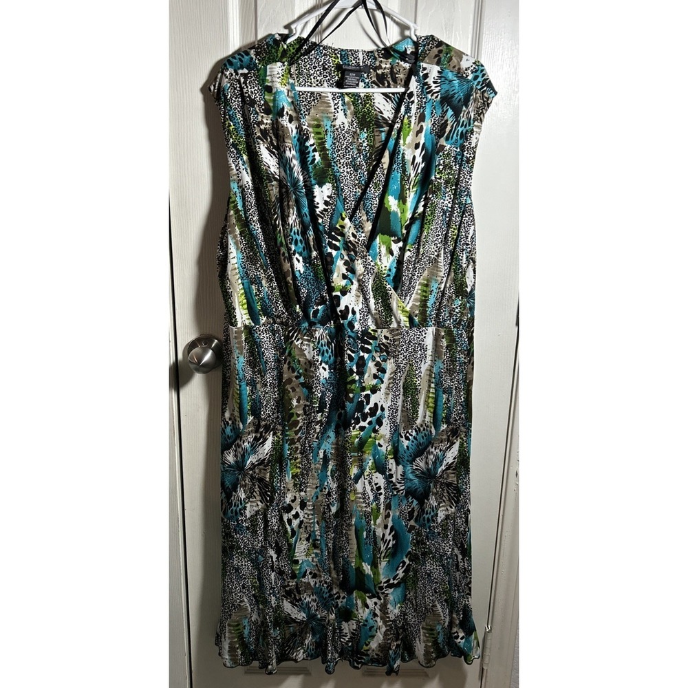 Glamour Dress Women 22W Plus Blue Geometric Shift Midi V-Neck Short Sleeve